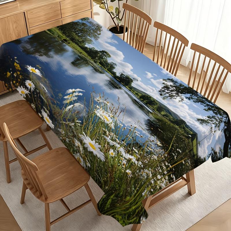 Lush Spring Meadow Tablecloth with White Daisies And Yellow Wildflowers, Durable, No Electricity Needed, Perfect for Garden Party And Outdoor Picnic S