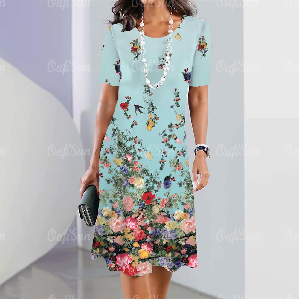 Новые женские платья, элементы 3D-цветочной печати, элегантные повседневные платья с коротким рукавом, модные женские платья больших размеров 2024 года