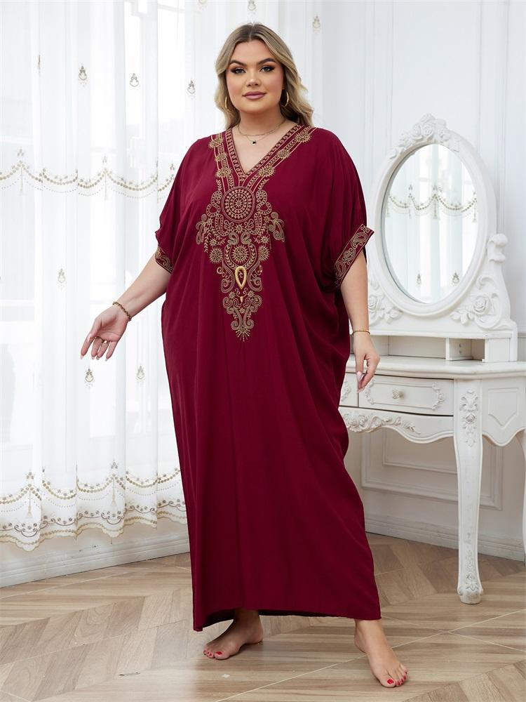 EDOLYNSA Golden Embroidered Plus Size Red Kaftan Dresses for Women Cozy V-neck Half Sleeve Beachwear Swimsuit Cover Up Loose Caftan