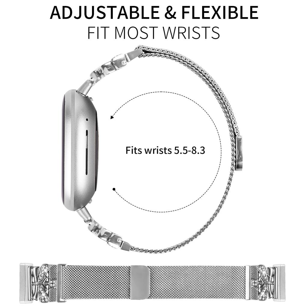 For Fitbit Versa 3/Sense Watch Strap Butterfly Decor Milanese Metal Band,Silver