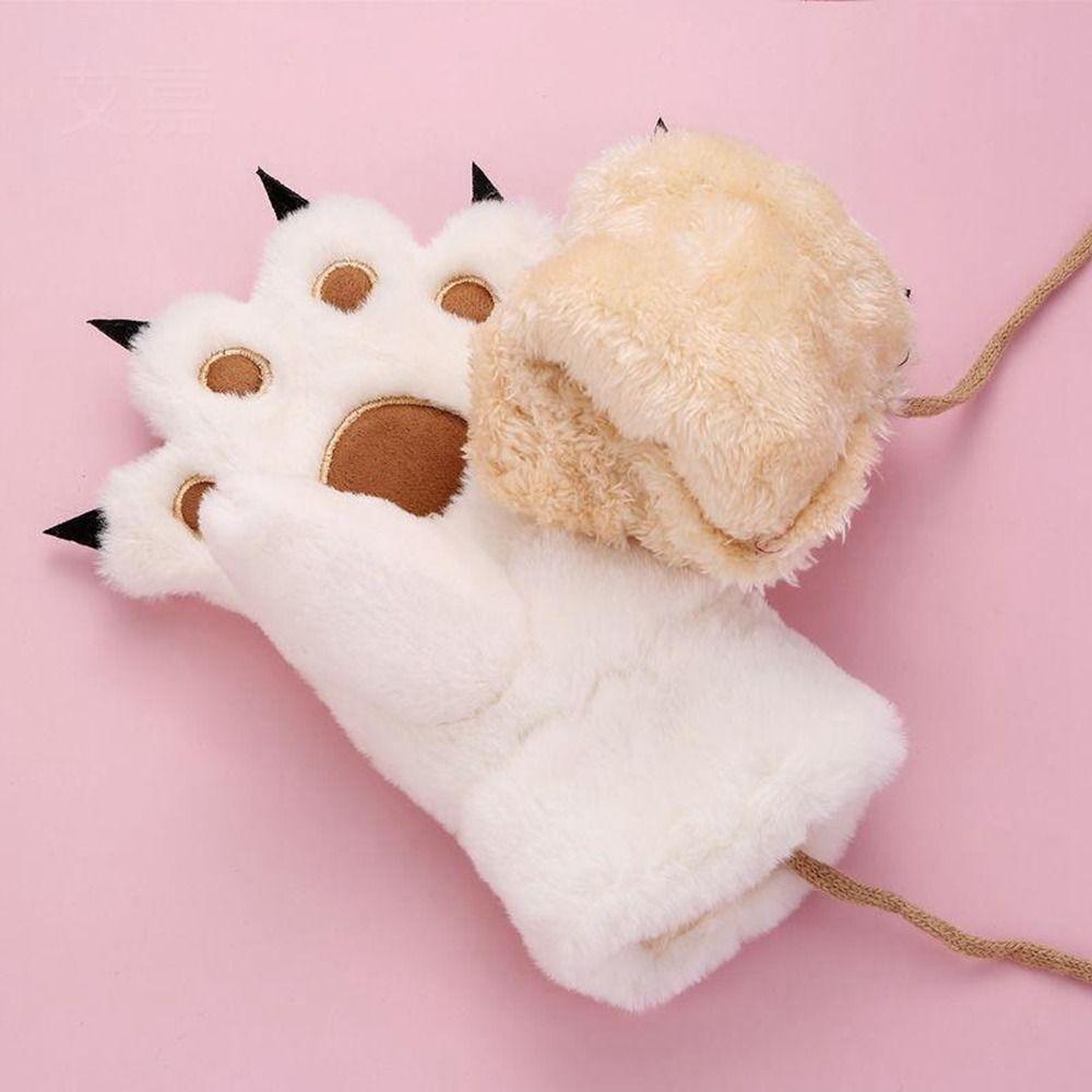 Fluffy Warm Gloves Flush Cat Paw Gloves Hanging Neck Mittens Bear Paw Gloves Female Winter Gloves