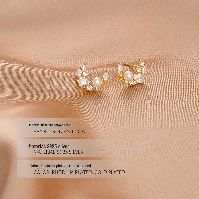 Banyan Tree S925 Silver Zircon Crescent Moon Earrings for Women - Korean Geometric Design