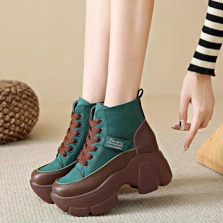 Мода весна осень мода короткие сапоги для женщин круглый носок шнуровка спортивная платформа повседневная обувь танкетка каблук увеличивающий рост женские сапоги