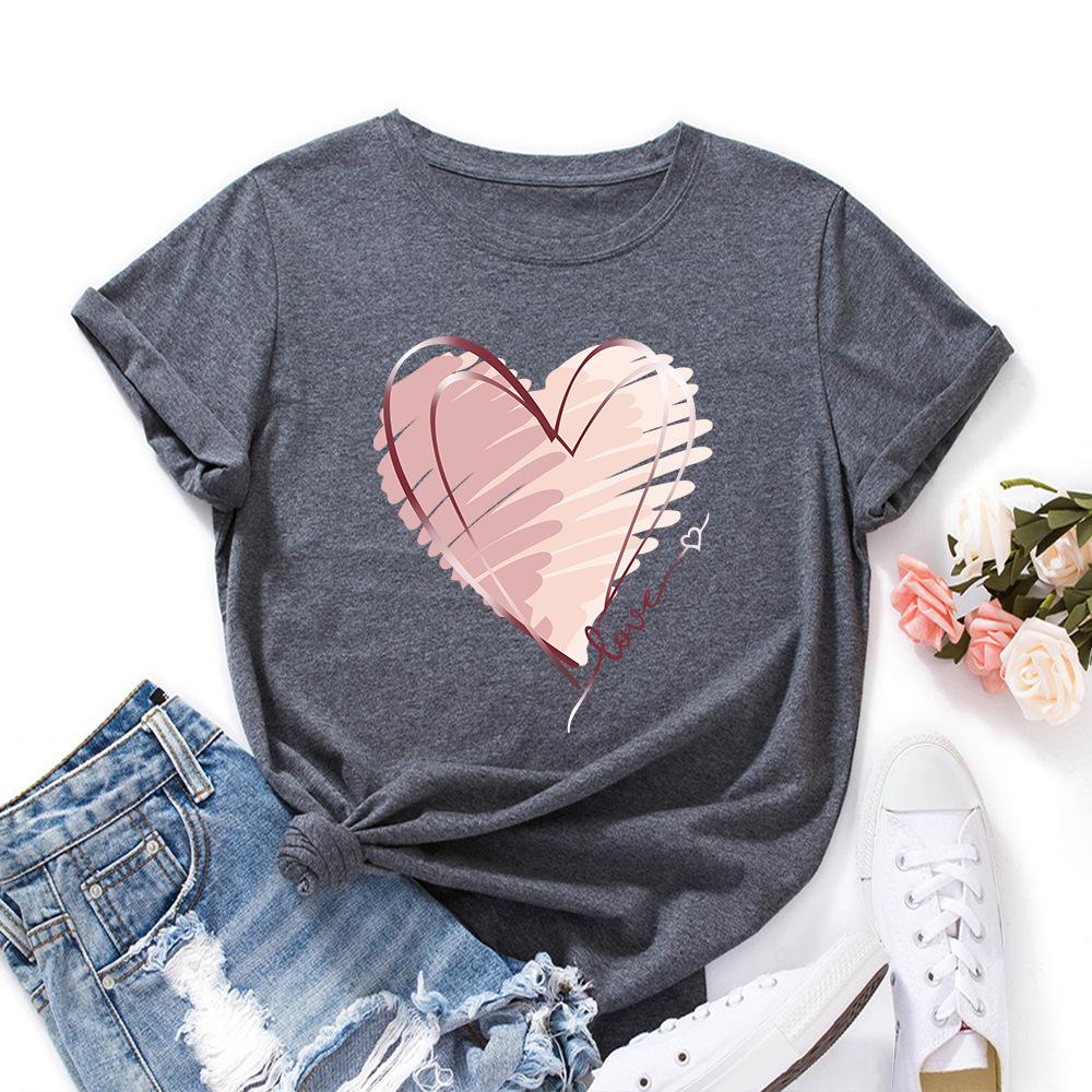 Модная хлопковая футболка с сердцем, с коротким рукавом, с круглым вырезом, женская, с 2D-принтом, топы