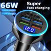 66W Car Charger Dual PD+USB QC3.0 Quick Charging 6-Port Phone Charger 12-32V Cigarette Lighter Adapter with Voltmeter Display