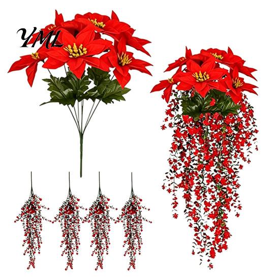 New Year Home Accents Christmas Poinsettia Hanging Garland, Artificial Silk Flowers with Red Berries DIY Ornament And Greenery, 85cm Outdoor