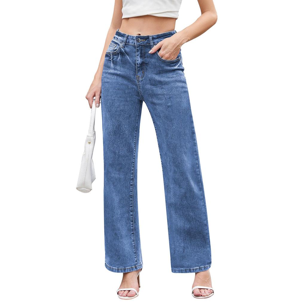 Womens High Waisted Jeans Stretchy Flared Straight Leg Loose Trendy Hem Denim Pants