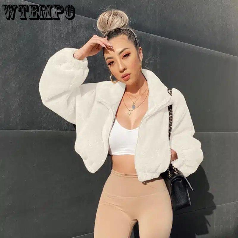 Женские повседневные свободные зимние укороченные топы с воротником-стойкой и длинными рукавами на молнии, черно-белое пальто, женские теплые флисовые короткие куртки