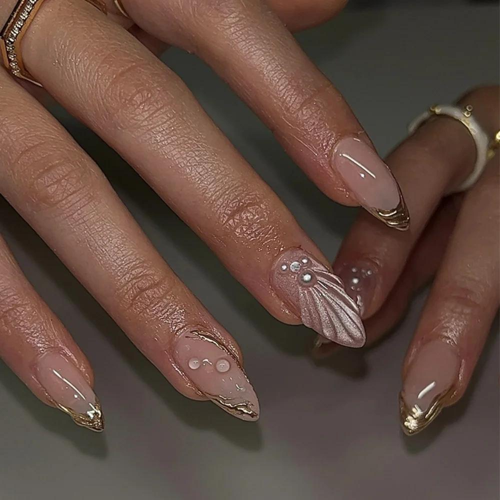 24Pcs Almond Press On Nails Ocean Blue French Tip With Flower Pearl Glitter Simple Wearable False Nail Art Manicure Set