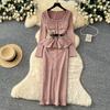 Advanced Style Square Collar Tied Waist Long Sleeved Knitted Dress for Women Slim Fit Hip Hugging Sweater Long Dresses