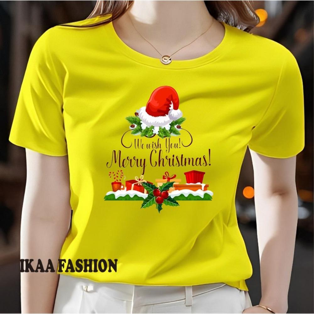 Ladies' Christmas Element Pattern Printed T-shirt - Short Sleeve Round Neck Casual Top