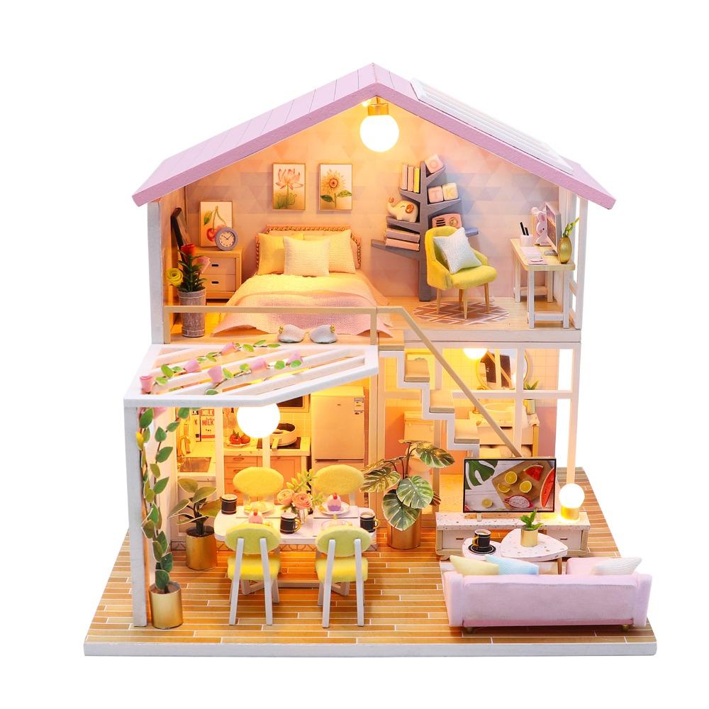 LED Light DIY Wooden Dollhouse Furniture Included Craft Dollhouse Hobbyists