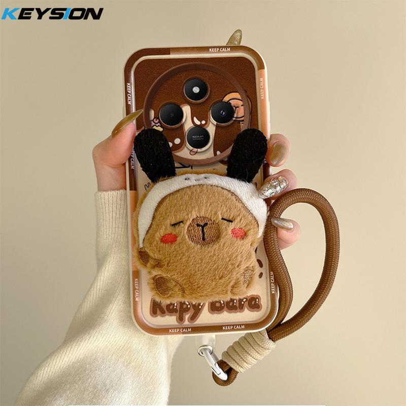 KEYSION Cute 3D Cartoon Plush Case for Redmi 14C with Lanyard Soft Silicone Shockproof Phone Back Cover for Xiaomi POCO C75
