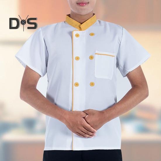 Летняя униформа шеф-повара, двубортная, с короткими рукавами, унисекс, воротник-стойка, мягкая, дышащая, устойчивая к пятнам, свободная, для повара, для кухни, пекарни, ресторана, столовой.