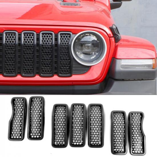 7PCS Black Front Grille erts Mesh Grill Frame Trim for Jeep Wrangler JL 2024+
