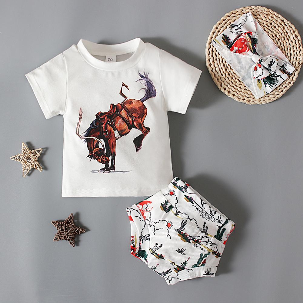 Летняя футболка с принтом животных для малышей + шорты + повязка на голову, комплект из 3 предметов, одежда для детей 0–3 лет