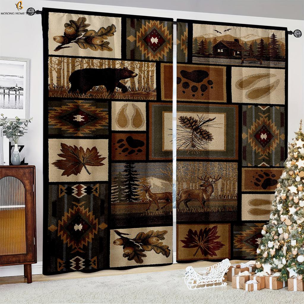 Декоративные занавески в стиле ретро-кантри на Рождество с узором из дерева для спальни, столовой, праздничной вечеринки, 2 шт.