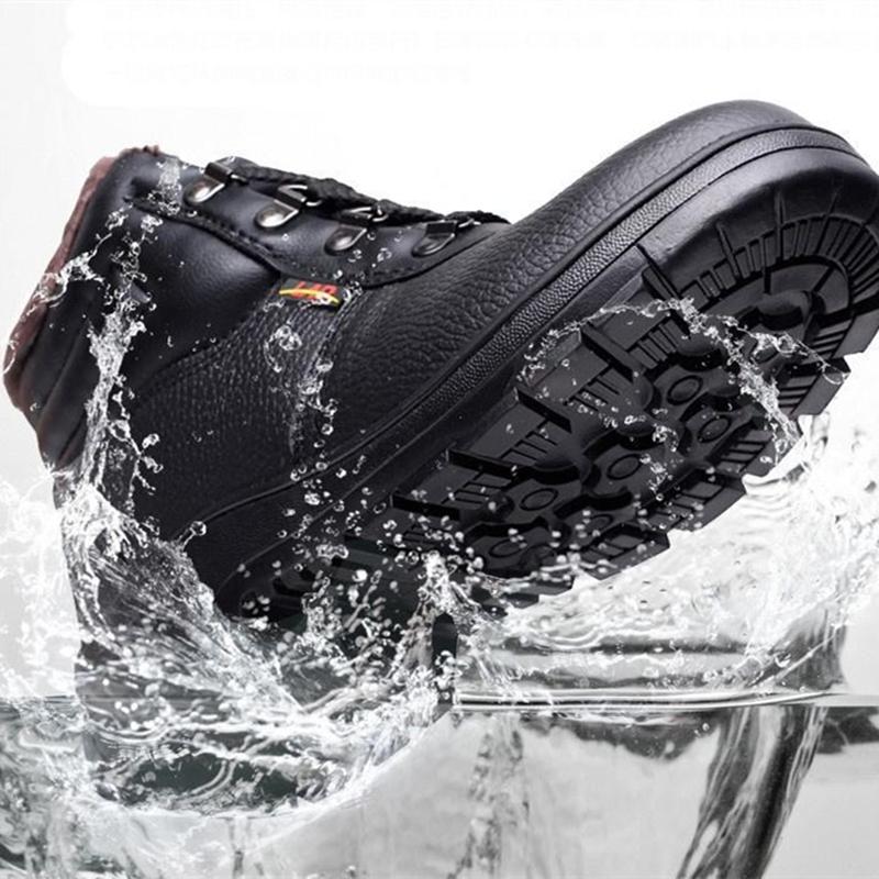 Winter Black Ankle Leather Safety Shoes Men Waterproof Shoes Thermal Cotton Boots