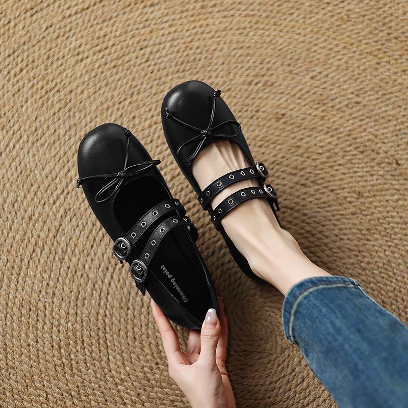 Krazing Pot Nubuck Fashion Spring Size 42 41 Beauty Flat with Women Round Toe Shoes Rivets Ballet Dance Bowtie Decoration Shallow Flats