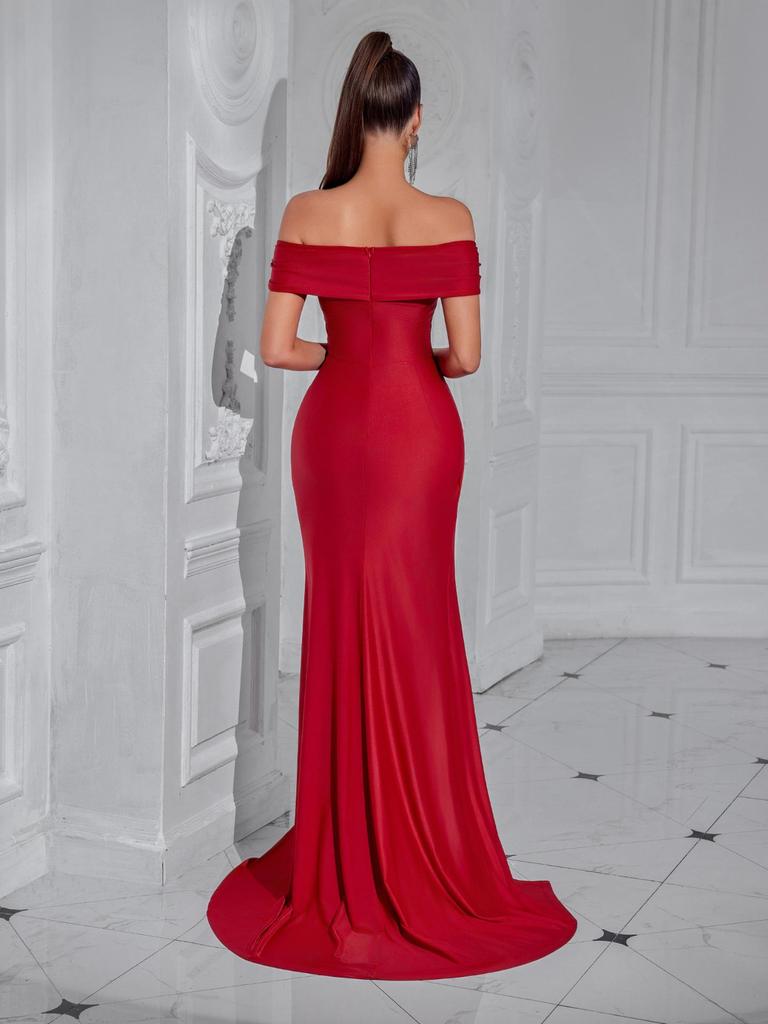 Европейское и американское облегающее платье с асимметричным вырезом и разрезом - Элегантное длинное вечернее платье для вечеринки с лентой