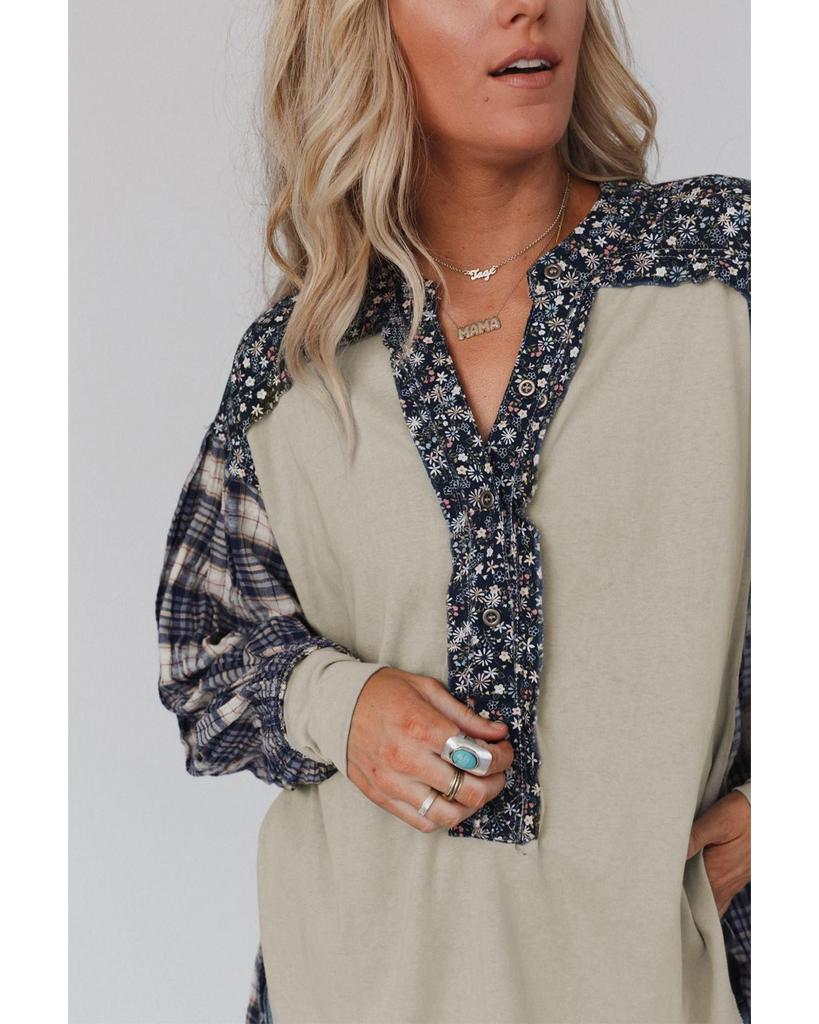 Azura Exchange Blue Floral Plaid Mixed Print Bishop Sleeve Patchwork Top