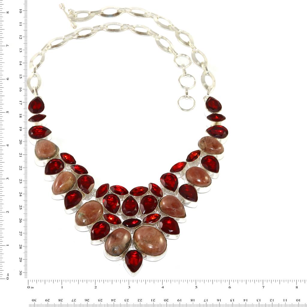 Серебряное ювелирное ожерелье с родохросоритом и гранатом 16-18''