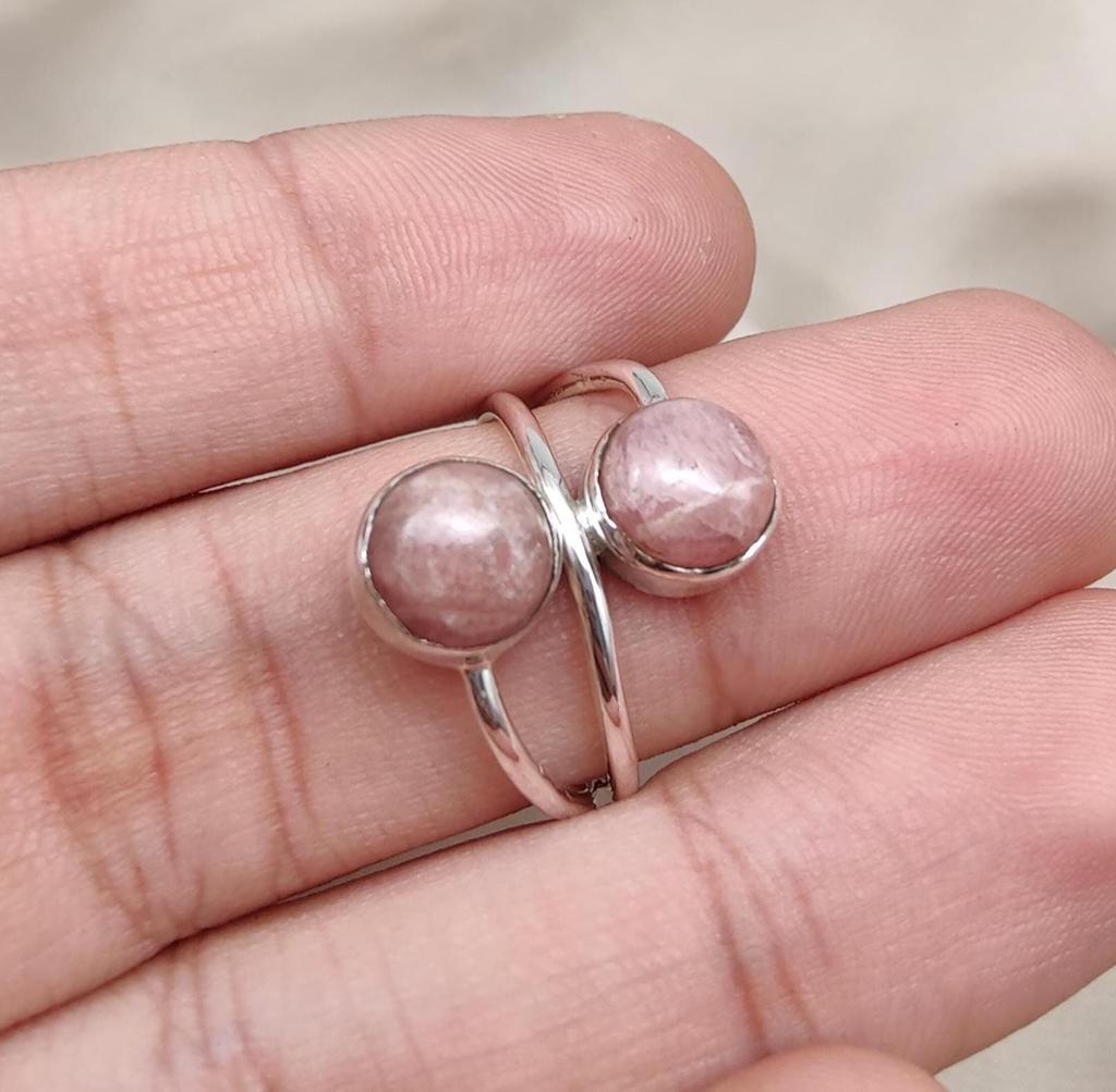 Rhodochrosite Ring: 925 Sterling Silver Double Stone Adjustable Ring, Love & Healing