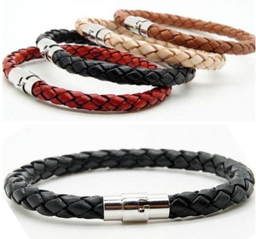 Unisex Women Men Genuine Braided Leather Steel Magnetic Clasp Bracelet Bangle