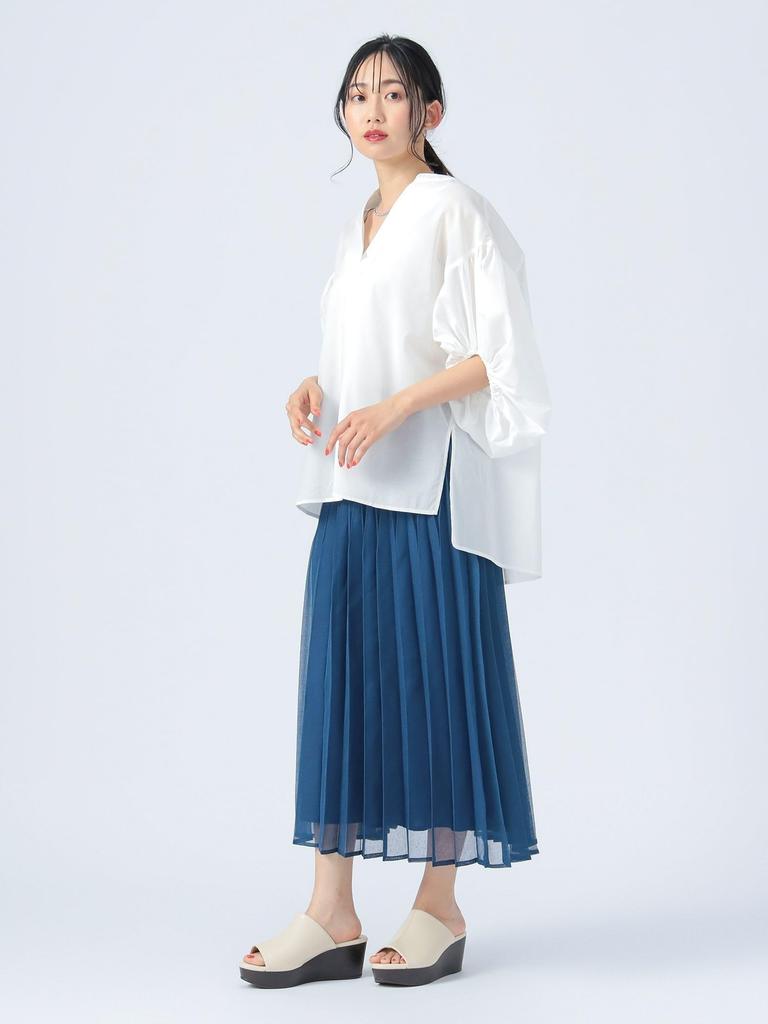 Beams Heart Shirt with Gathered Sleeves and Skipper OFF One Size Women's S/S Top, WHITE,