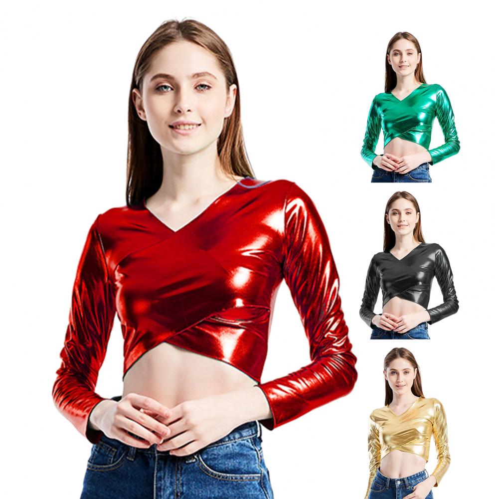Women Club Top Short Waist-exposed Long Sleeve V Neck Smooth Glossy Faux Leather Pullover Slim Fit Soft Breathable Performance D