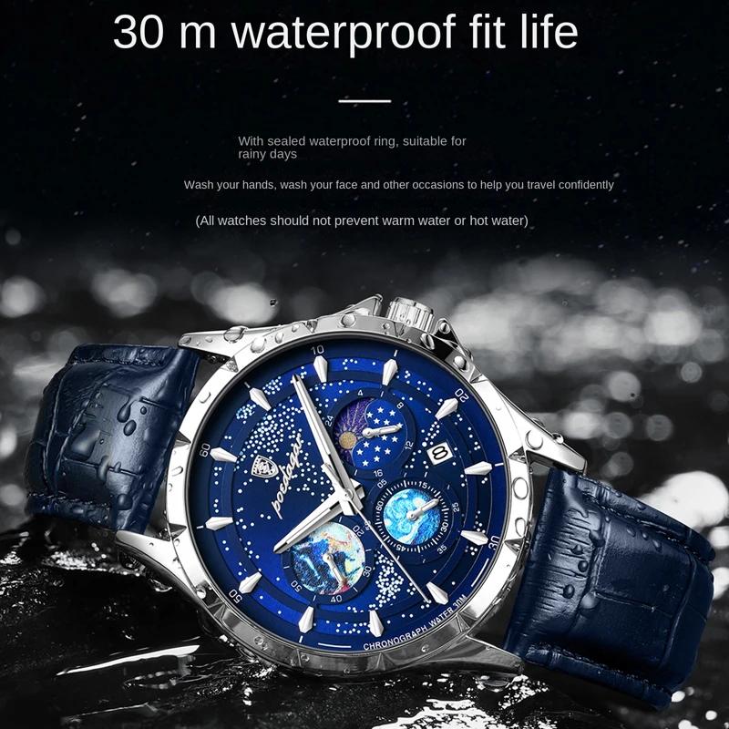 POEDAGAR Брендовые модные кварцевые часы Starry Sky Chronograph с ремешком из нержавеющей стали и кожи, водонепроницаемые, с подсветкой, мужские часы