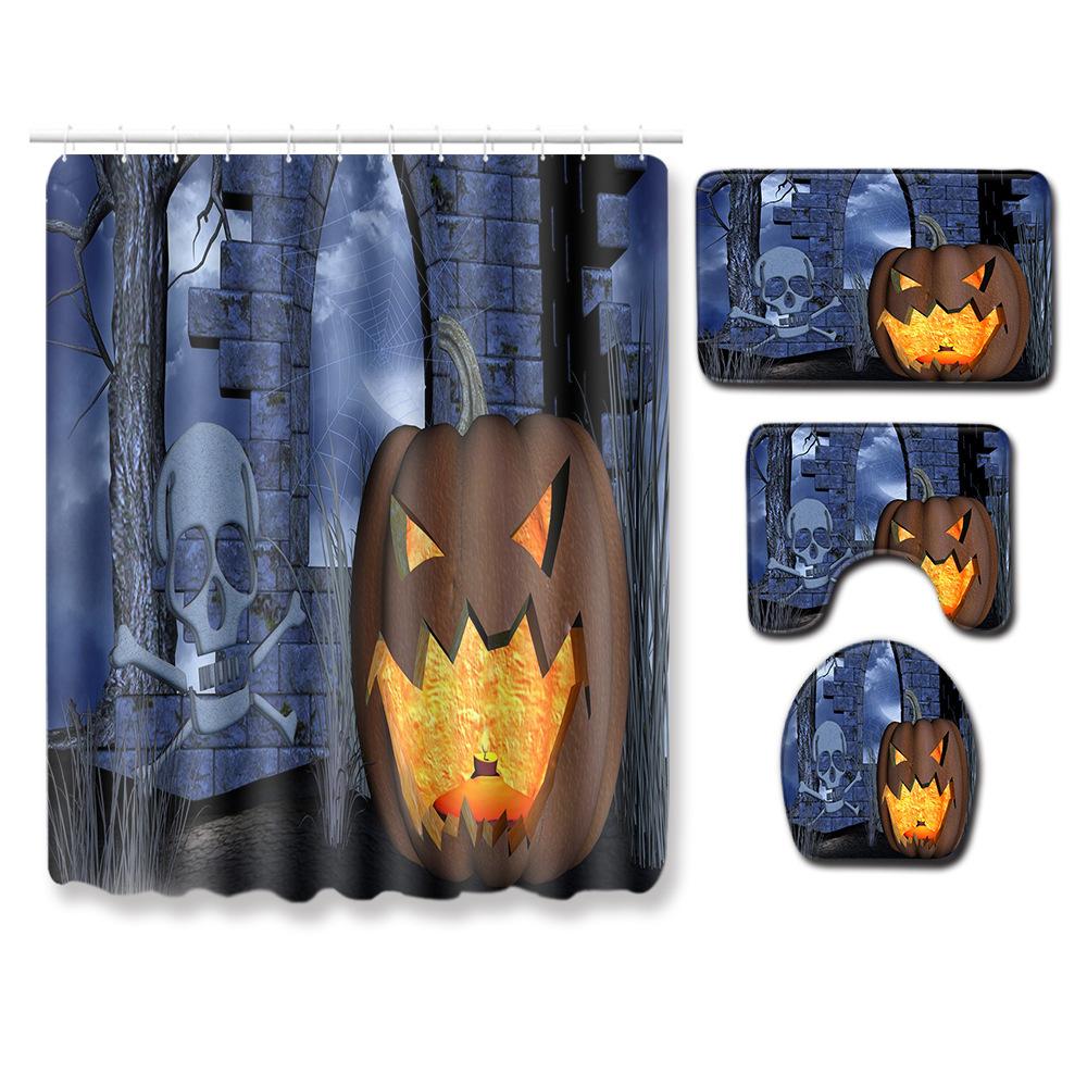 Halloween Shower Curtain Floor Mat Three-Piece Combination Set, Living Room Sand Absorbent Carpet, Bedroom Non-Slip Door Mat