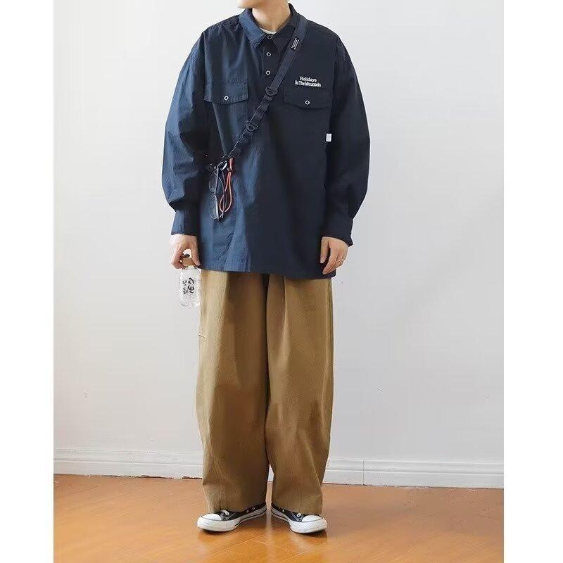 Japanese Retro Simple Letter Embroidered Shirt Men's Long Sleeve Lapel Multi-Pocket Casual Shirt Spring and Autumn Coat