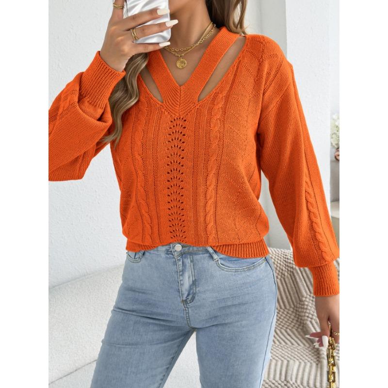 Women S Solid Color V Neck Long Sleeve Hollow Out Sweater