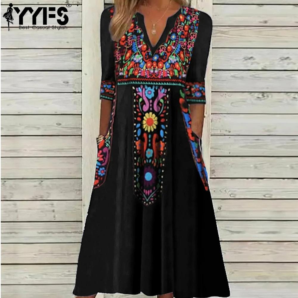 YYFS Женская мода лето-весна с цветочным узором и принтом с коротким рукавом и v-образным вырезом, свободная талия, повседневные платья