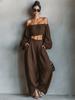 Spring 1116 Women's Shoulder Short Top Wide Leg Pants Set