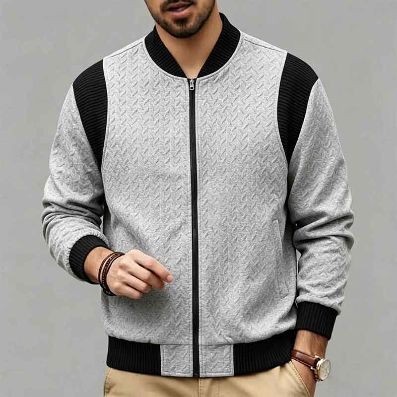 Men Stand Collar Zipper Jacquard Splice Baseball Jacket