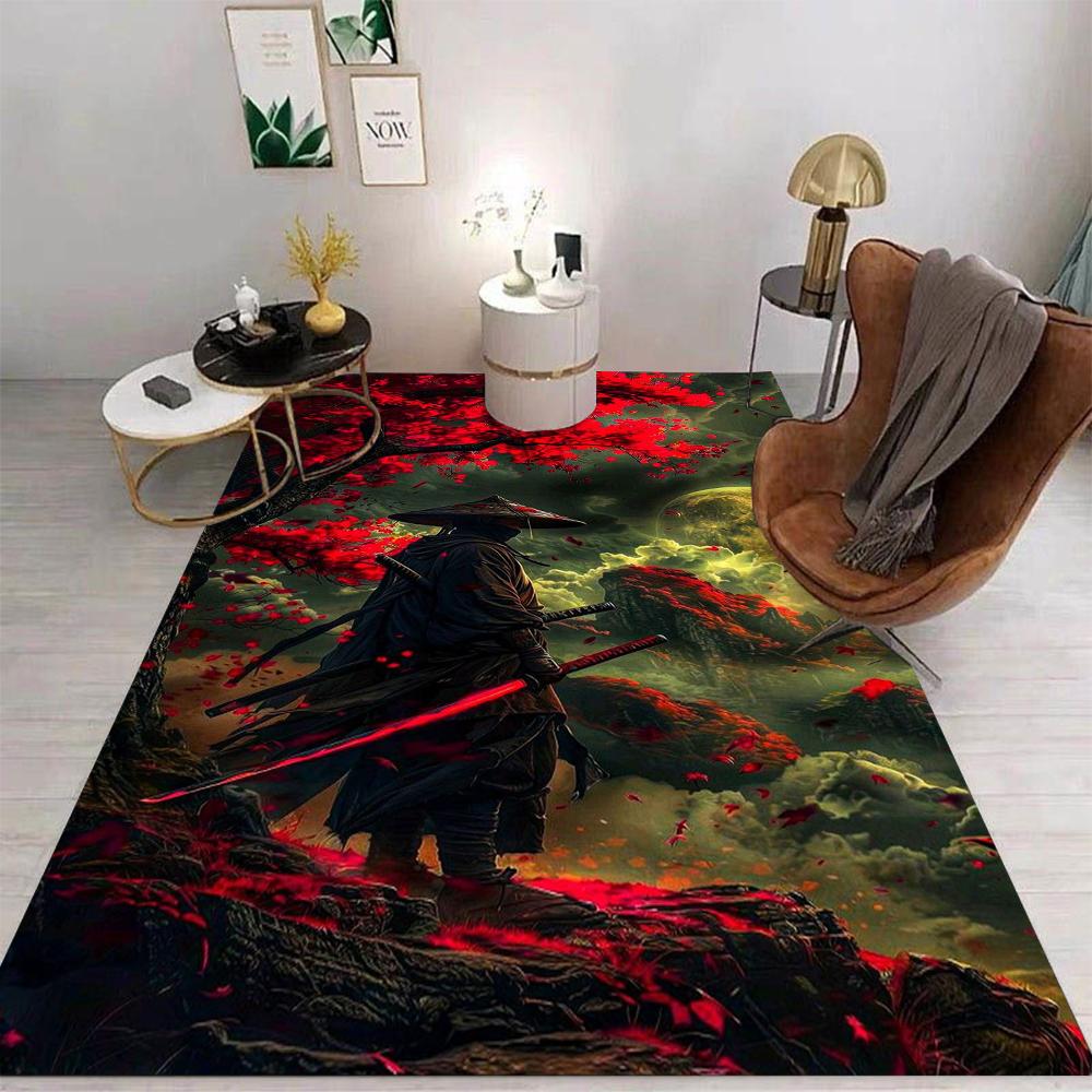 Коврик-циновка Самурай Воин Красный Меч Японское Искусство Темная Тема Гора Вода Украшение Дома Гостиная Игровая Комната Напольный Коврик
