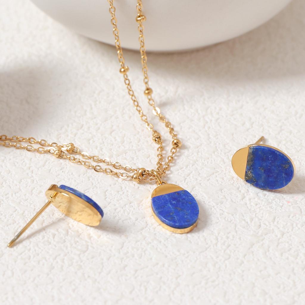 Овальный кулон с агатом и натуральным камнем, ожерелье, серьги-гвоздики, комплект модных украшений