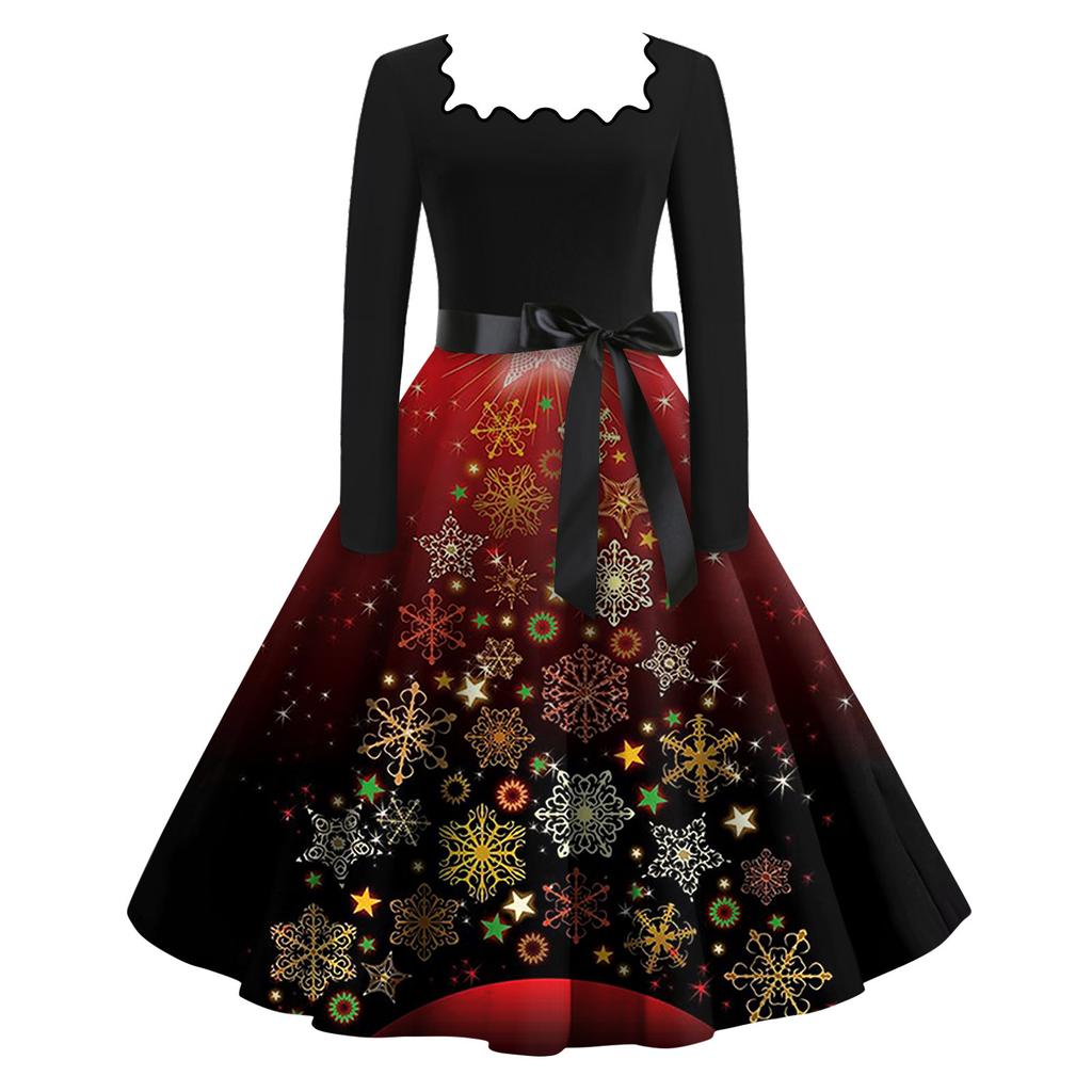 Women's Fashion Square Neck Casual Slim Christmas Printed Long Sleeve Dresses