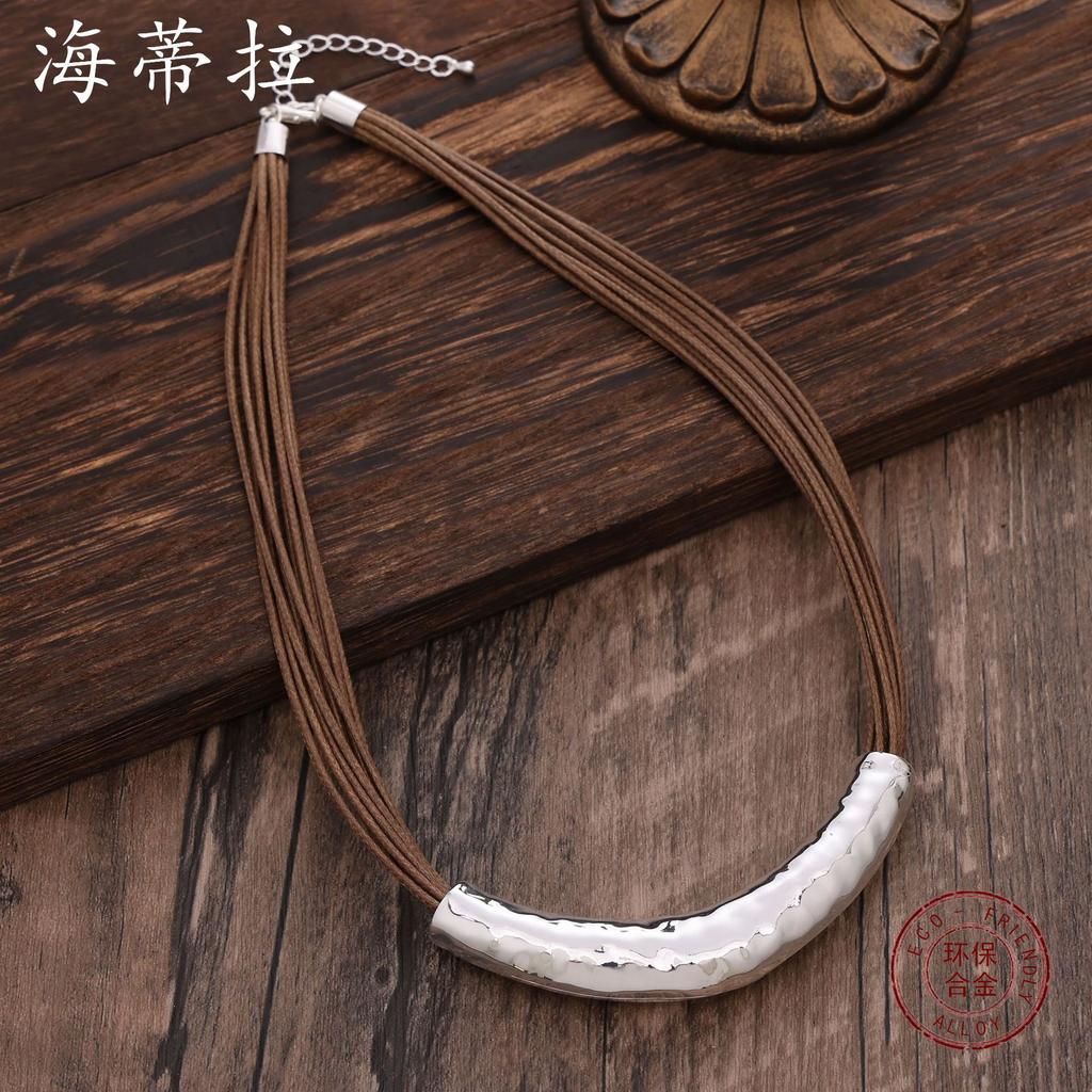 Геометрическое ожерелье-полумесяц из сплава и кожаного шнура, богемное ретро, личность, женское ожерелье-полумесяц