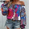 Женские винтажные повседневные летние весенние однотонные блузки и рубашки на одно плечо с длинным рукавом и принтом