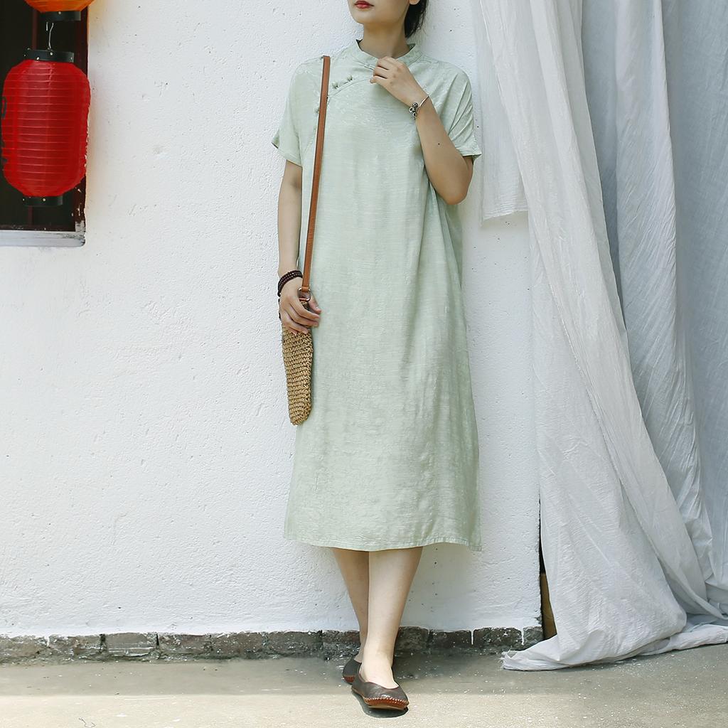 Johnature Винтажное платье с коротким рукавом для женщин, однотонное летнее платье А-силуэта в китайском стиле