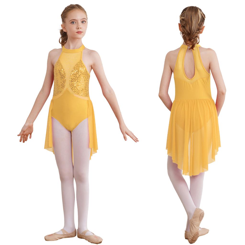 Детское блестящее сетчатое лоскутное трико с блестками для девочек, платье с вырезом на спине, платья без рукавов для фигурного катания, лирическая танцевальная одежда