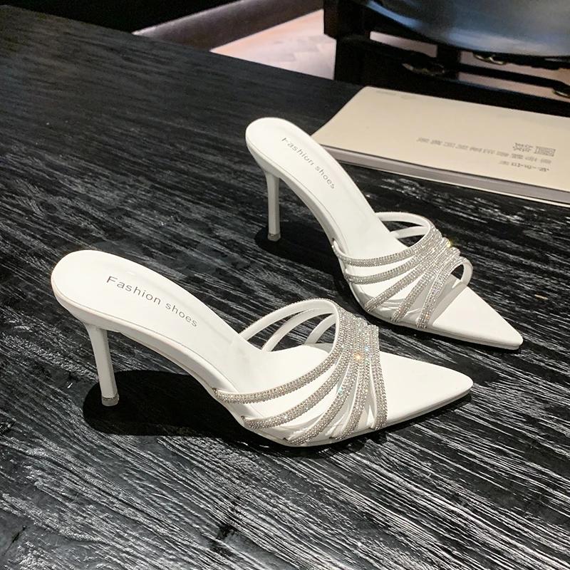 Sexy High Heels Slipper Women Summer Fashion CRYSTAL Narrow Band Pointed Toe Slides Stripper Party Sandal Mule Shoes
