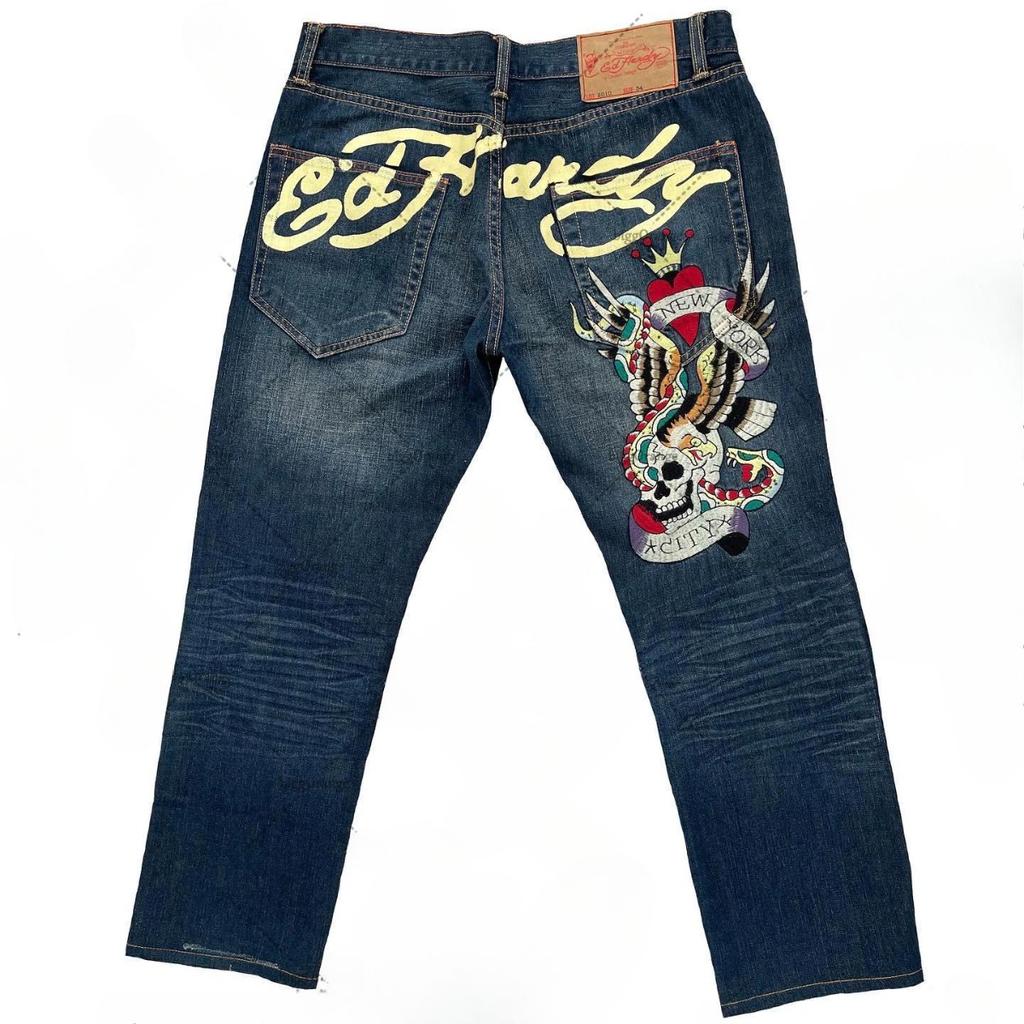 Мужские джинсы Ed Hardy с высокой посадкой, уличного стиля, с вышитой графикой и ретро хип-хоп дизайном