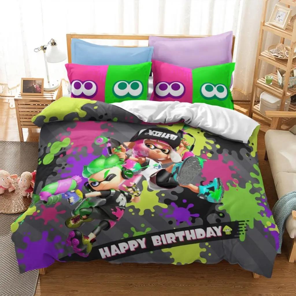 Популярный комплект постельного белья с принтом игры Splatoon 2, 3D-мультяшный комплект пододеяльников, наволочка для подушки, двуспальная кровать размера Queen, комплект постельного белья размера King Size