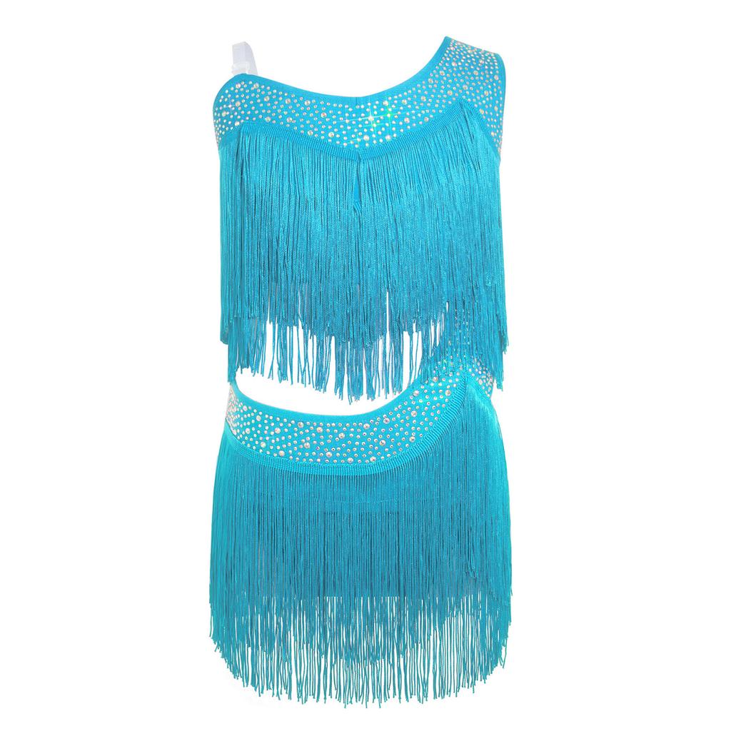 Girls Tassel Latin Dance Dress Asymmetrical Fringe Shiny Rhinestones Cutout Stage Performance Costume