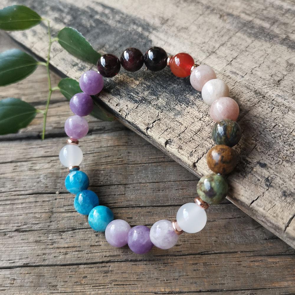 8mm Garnet,Apatite Stone Beads,Rose Quartz Pendant,Charm Bracelet,Rainbow Chakra Mala Bead Necklace,108 Mala Beads,Yoga Gift