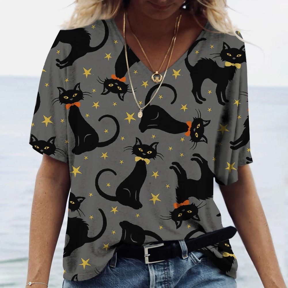 Женская футболка с рисунком котенка, одежда в стиле Харадзюку, летний пуловер с v-образным вырезом для девочек, хлопковые футболки с короткими рукавами, женская повседневная уличная одежда